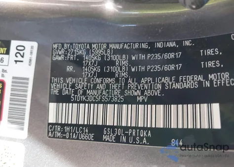 2015 Toyota Sienna Xle 8 Passenger z USA, uszkodzony, nr VIN 5TDYK3DC5FS573825